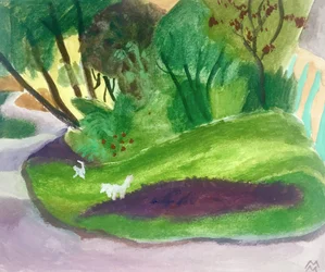 Landschaft mit weißen Hunden