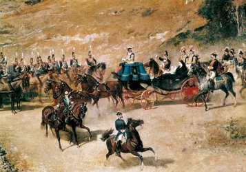 Königin Maria Christina und ihre Tochter Isabel II. besichtigen die Artilleriebatterien, die Madrid 1837 verteidigen (Detail), ca. 1866