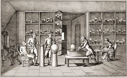 Antoine Laurent de Lavoisier (1743-1794), französischer Chemiker, der ein Experiment zur Atmung des Menschen in Ruhe durchführt. Zeichnung von Frau Lavoisier. Paris 18. Jahrhundert. Leemage-Sammlung