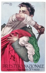 Ein italienischer Soldat verteidigt die Trikolore mit gezogenem Schwert. Propagandapostkarte für die Nationalanleihe, um 1915-18