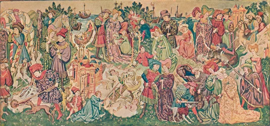 Aquarellwiedergabe eines der Hardwicke-Wandteppiche, ca. 1902