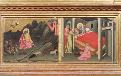 Madonna mit Kind und Heiligen, Detail der Predella, die die Verkündigung an Joachim und die Geburt der Jungfrau darstellt (Detail)