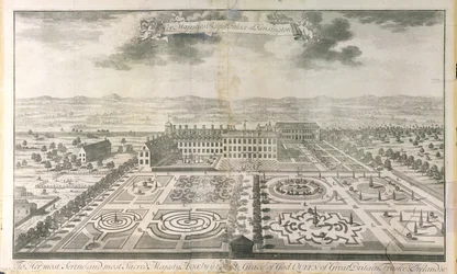 Vogelperspektive der Gärten des Kensington Palace, graviert von Johannes Kip, veröffentlicht von J. Smith, 1724