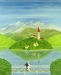 Liebende auf der Brücke mit schneebedeckten Bergen