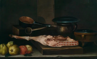 Küchenstillleben mit Töpfen, Pfannen, Äpfeln und einem Schweinebein