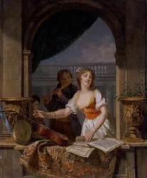 Eine junge Dame greift nach einer Gitarre an einem Steingewände und ein Junge spielt dahinter Flöte