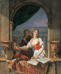 Eine junge Dame greift nach einer Gitarre an einem Steingewände und ein Junge spielt die Flöte dahinter, 1796-97
