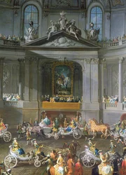 Eine Kavalkade in der Winterreitschule der Wiener Hofburg zur Feier des Sieges über die französische Armee in Prag, zeigt das Reiterporträt von Kaiser Karl VI., 1743 (Detail)