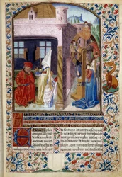 Allegorie des Glücks: Darstellung einer jungen Frau in der Nähe eines Glücksrads. Miniatur aus „Der Geist von Glück und Tugend“ von Martin Le Franc