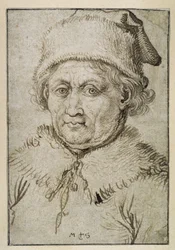 Brustbild eines alten Mannes mit Pelzkragen und Pelzmütze