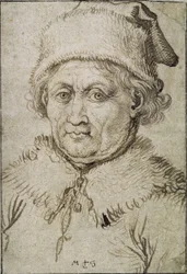 Brustbild eines alten Mannes mit Pelzkragen und Hut