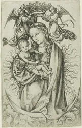 Die Madonna auf der Mondsichel, gekrönt von zwei Engeln