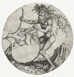 Wappen mit einem Hirsch, gehalten von einem wilden Mann mit einer Keule (Figuren mit Wappen)