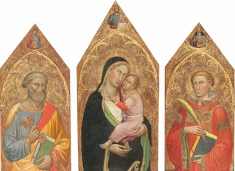 Madonna mit Kind und dem segnenden Christus, und den Heiligen Petrus, Jakobus Major, Antonius Abt und einem Diakonheiligen [gesamtes Triptychon]