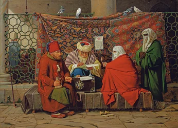 Ein türkischer Notar, der vor der Kilic Ali Pasha Moschee in Tophane, Konstantinopel, einen Ehevertrag aufsetzt