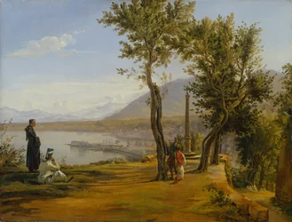 Figuren an einem Schrein, ein Hafen dahinter