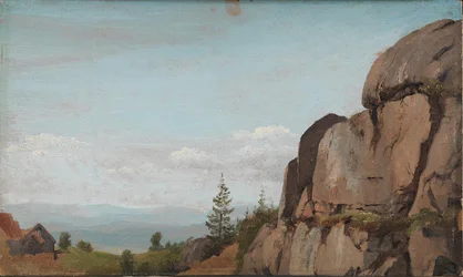Norwegische Landschaft mit Felsen im Vordergrund