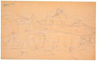 Italienische Landschaft mit einer Brücke über einen Fluss und der Stadt Subiaco im Hintergrund
