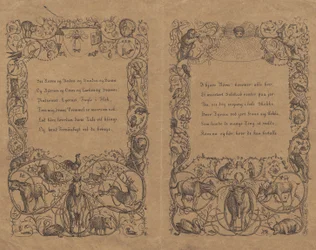 Zwei Umschläge mit verschlungenem Kettenornament mit Tieren für "Halvhundrede Fabler for Børn" mit Schrift