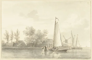 Flusslandschaft mit Segelschiff und Ruderboot