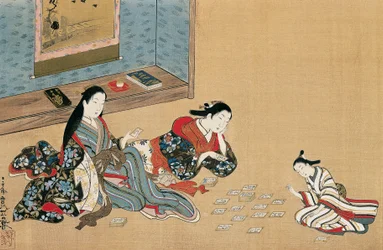 Frauen beim Kartenspielen, von Maruyama Okyo (1733-1765), Seidenmalerei im Ukiyo-e-Stil, Japan