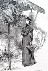 Eine Frau kauft Stechpalmen für Weihnachtsdekorationen. Von Mary Ellen Edwards (1838-1934), einer englischen Künstlerin