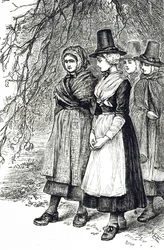 Eine Gravur, die walisische Mädchen auf einem Hollantide-Markt, einem Einstellungsmarkt, darstellt, die darauf warten, als Hausangestellte engagiert zu werden. Illustriert von Mary Ellen Edwards (1838-1934), einer englischen Künstlerin und Illustratorin vo