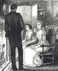 Gravur, die zwei Frauen zeigt, die sich am Kamin wärmen