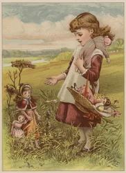 Mädchen geht mit ihren Puppen spazieren