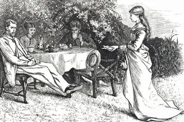 Illustration, die eine Familie beim Frühstück im Garten darstellt