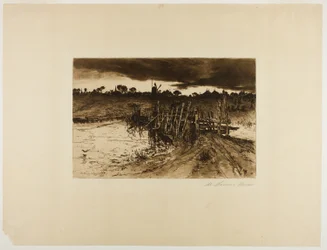 Landschaft mit Mühle und Holzbrücke