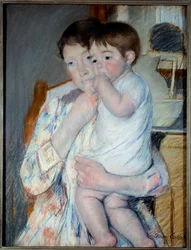 Frau und Kind vor einem Tisch, auf dem Marmelade und eine Schale stehen. Gemälde von Mary Cassatt (1844-1926)