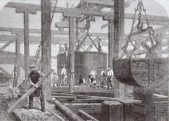 Ansicht der Bauarbeiten an der Blackfriars Bridge für die London, Chatham und Dover Railway, die das Versenken eines Zylinders für einen der runden Steinpfeiler zeigen