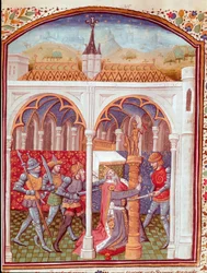 Ermordung eines Miniaturkönigs aus Fälle edler Männer und Frauen Unglücke (De casibus) von Giovanni Boccaccio, übersetzt von Laurent de Premierfait und illuminiert vom Meister von Dunois