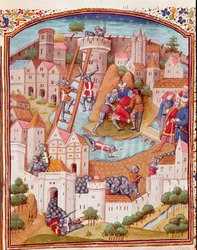 Eroberung einer befestigten Stadt. Miniatur aus „De casibus“ von Giovanni Boccaccio (1313-1375), italienischer Schriftsteller, übersetzt von Laurent de Premierfait und illuminiert vom Meister von Dunois (15. Jh.)