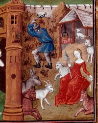 Darstellung von Adam, der die Erde bearbeitet, und Eva, die Wolle spinnt, nachdem sie aus dem Paradies vertrieben wurden. Miniatur aus „Des cas des nobles hommes et femmes infortunes“ (De casibus) von Giovanni Boccaccio, genannt Jean Boccace (1313-1375), I