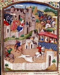 Die Qualen von Brunehaut. Die Merowingerkönigin Brunehilde (543-613) wird auf Befehl von König Chlothar II. von drei Pferden fortgeschleppt - Miniatur aus „De casibus virorum illustrium“ von Giovanni Boccaccio, genannt Jean Boccace