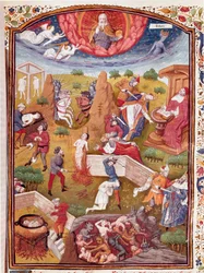 Vision von Boccaccio: Szene der Folter, des Hängens, des Massakers. Miniatur aus „De casibus virorum illustrium“ von Giovanni Boccaccio, genannt Jean Boccace (1313-1375), italienischer Schriftsteller, übersetzt von Laurent de Premierfait und illuminiert vo