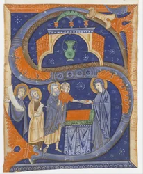 Buchmalerei mit der Darstellung Christi im Tempel in einer Initiale S..., ca. 1278.