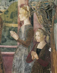Italien, Region Piemont, Provinz Alessandria, Serralunga di Crea, Sacro Monte di Crea, Heiligtum Santa Maria Assunta, Kapelle der Heiligen Margareta von Antiochia, Fresko, das Paleologo und Bernarda di Bosse darstellt