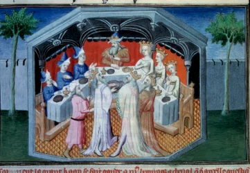 Brüder Nicolo und Matteo Polo, Vater und Onkel des jungen Marco Polo (1254-1324) wurden am Hof des Qubilai (Kubilai Khan, erster Kaiser der mongolischen Yuan-Dynastie (1215-1294), mongolischer Kaiser im Jahr 1271) empfangen. Miniatur aus "The"