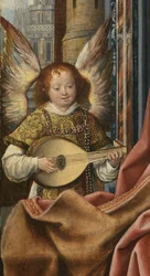 Triptychon der Heiligen Familie mit musizierenden Engeln. Detail: Der Engel, ca. 1510-1520