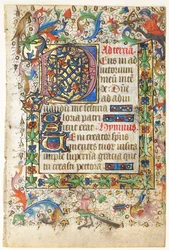 Blatt aus einem Stundenbuch: Verzierte Initiale D[eus] mit Blattbordüre..., 1430er Jahre