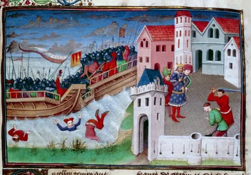 Kampfszene und Enthauptung. Illustration des Romans „Das Dekameron“ von Giovanni Boccaccio