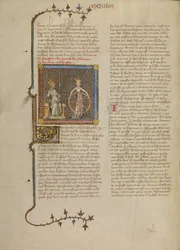 Salomo mit einer gekrönten weiblichen Figur, die ein Rad hält, das die Jahreszeiten illustriert