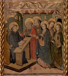 Die Jungfrau Maria und die Heiligen Petrus, Paulus, Johannes der Evangelist und Katharina von Alexandria erscheinen dem Heiligen Martin