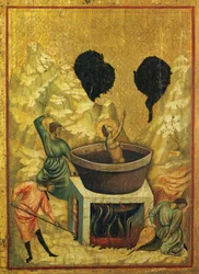 Heilige Cäcilia im Bad mit kochendem Wasser, Detail des Altars mit Geschichten der Heiligen Cäcilia, ca. 1304, der Meister der Heiligen Cäcilia
