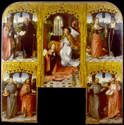 Die Verkündigung mit den Heiligen Lazarus und Antonius Abt, Katharina von Alexandria und Chiara, Antonius von Padua und Johannes der Täufer, Franziskus und Hieronymus