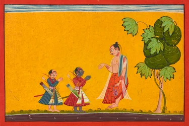 Rama und Lakshman mit dem Weisen Vishvamitra, aus einem Ramayana, ca. 1680-1690