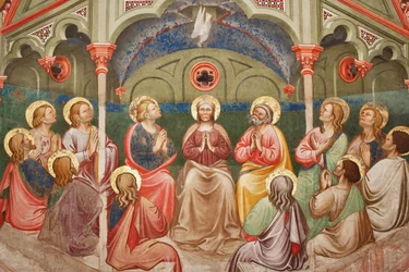 „Pfingsten“, Detail mit betenden Heiligen und der Jungfrau Maria und der Taube, ca. 1420 (Fresko)